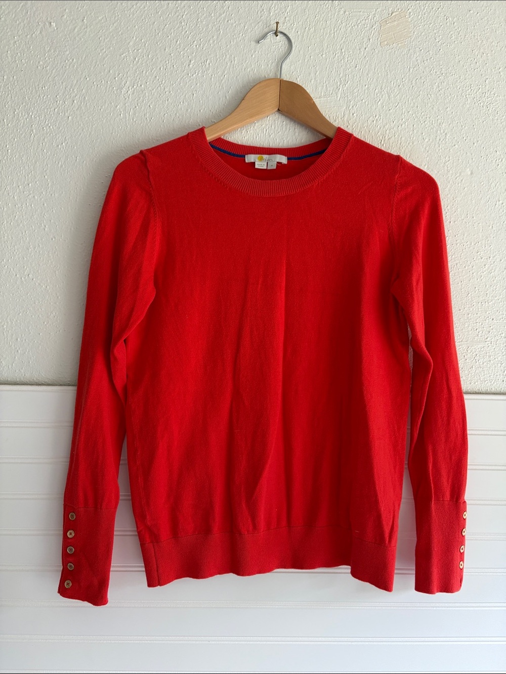 Boden Red Crewneck Sweater with Cuff Buttons